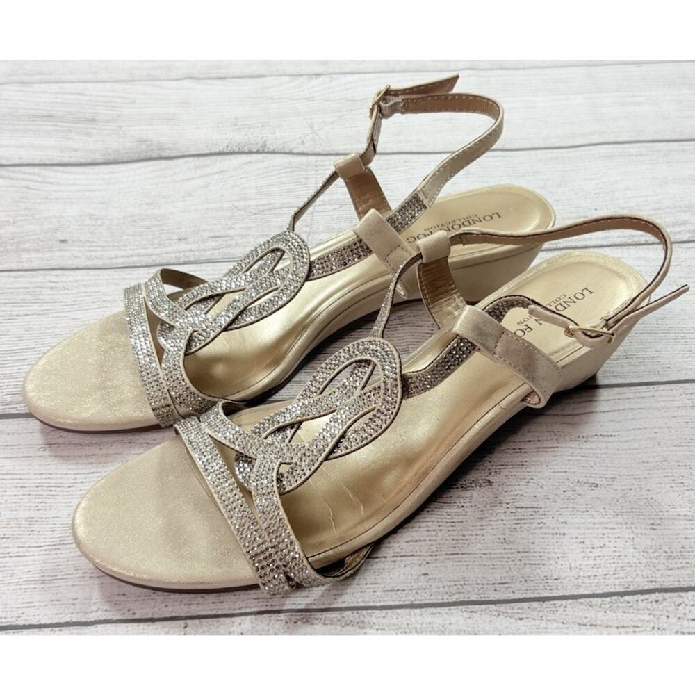 London Fog Women's Macey Rhinestone Sandals Demi-Wedge Gold Size 11